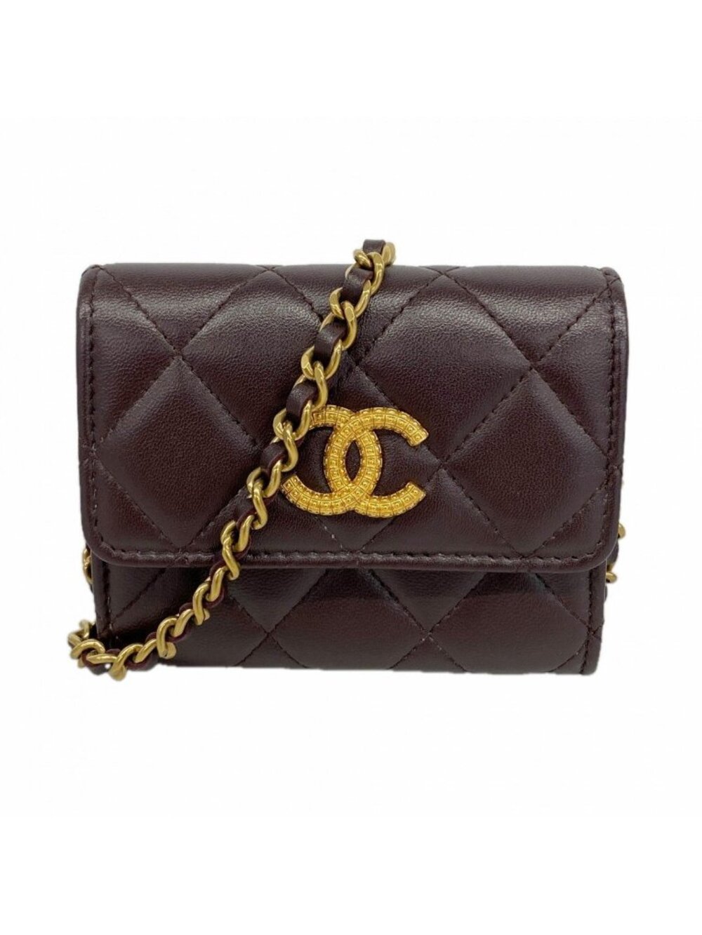 Chanel Shoulder Wallet Quilted Lambskin Dark Brown Gold